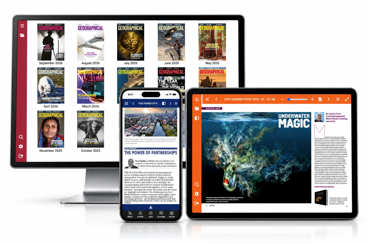 ZineGenie viewer showing Geographical on desktop, a CIWEM article on iPhone, and Dive magazine on landscape iPad